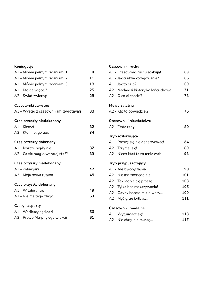 odkryj czasownik A1-A2 table of contents